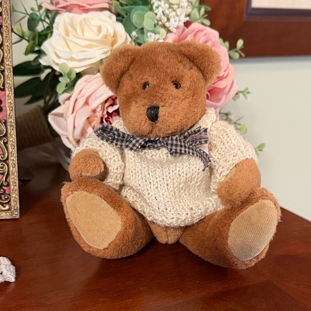 Boyds Bears Brown Teddy with Cream Sweater and Plaid Bow